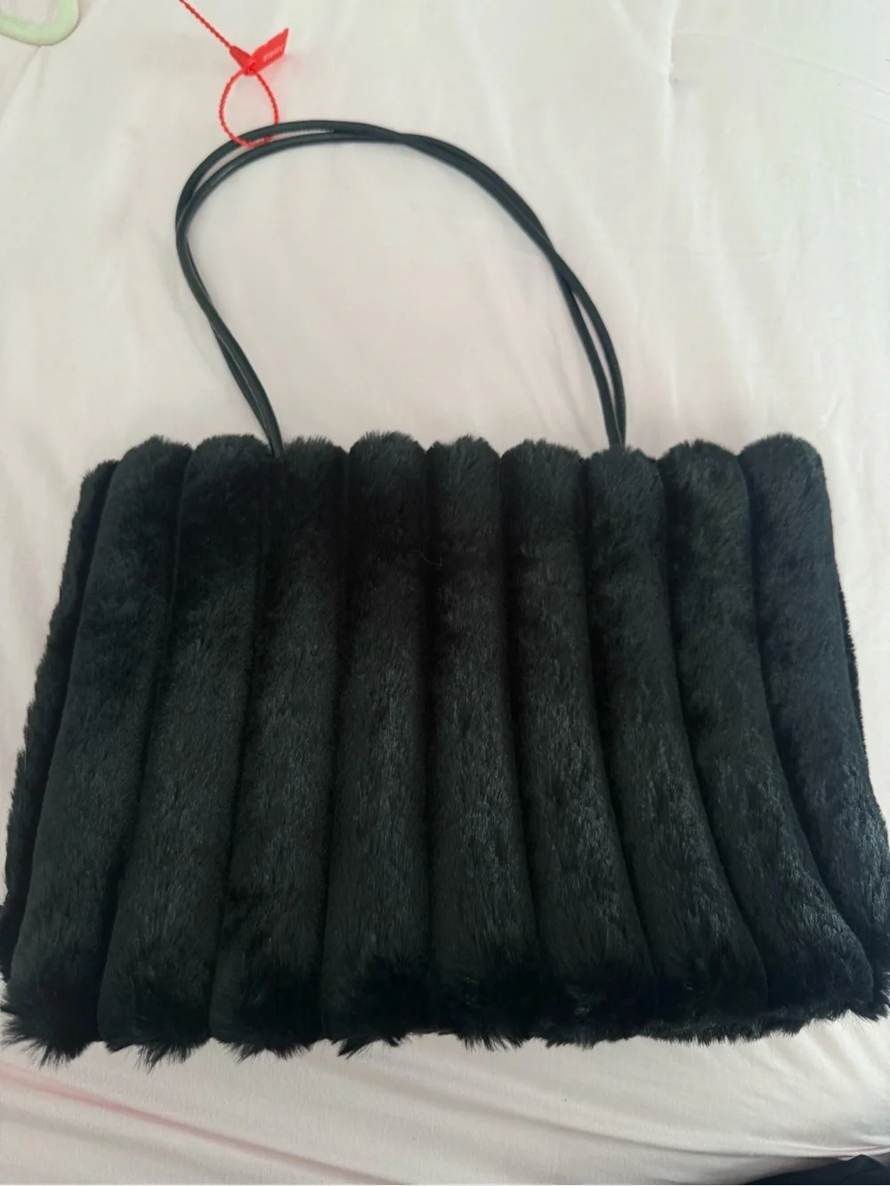 Prada Black Faux-Fur Tote with Pom Trim